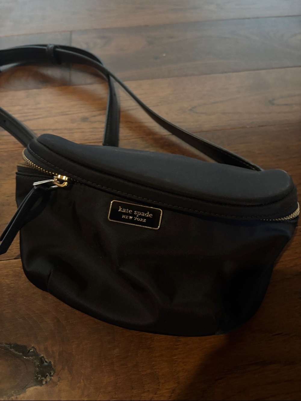 kate spade black nylon belt bag with gold plaque